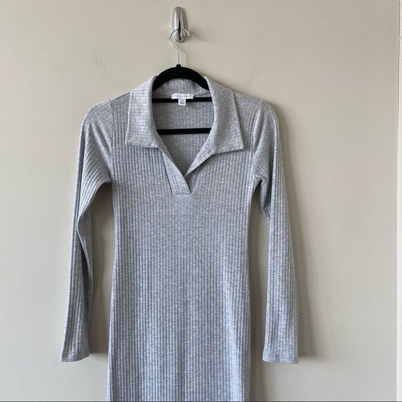 Topshop-Collar Ribbed Jersey Midi Side Slit Grey Dress (Size:4) - Picture 6 of 10
